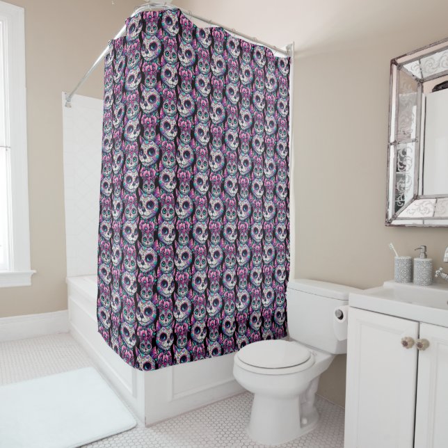 Sugar Skull Cat Pattern Shower Curtain (In Situ)