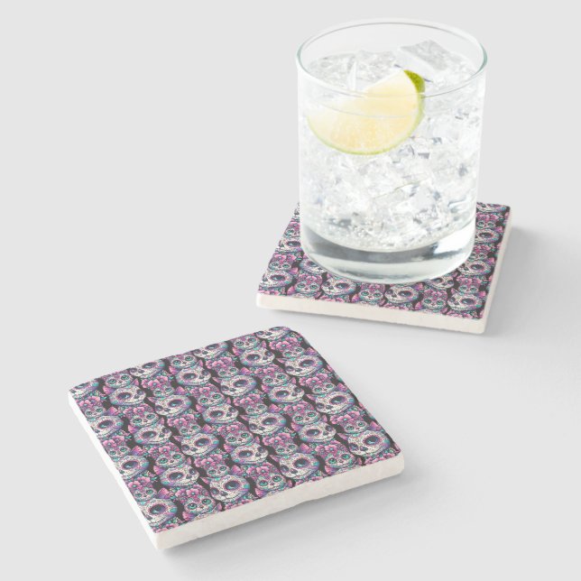 Sugar Skull Cat Pattern Stone Coaster (Side)