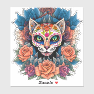 Sugar Skull Cat Surrounded by Flowers