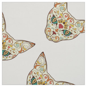 Sugar Skull Cat - Tattoo Design Fabric