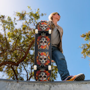 Sugar Skull Cat with Flowers Skateboard