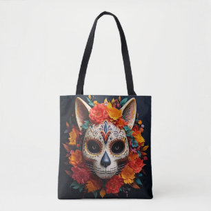Sugar Skull Cat with Flowers Tote Bag