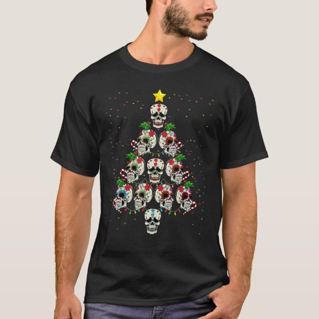 Sugar Skull Christmas Tree Flower Funny Mexican Ce T-Shirt (Front)