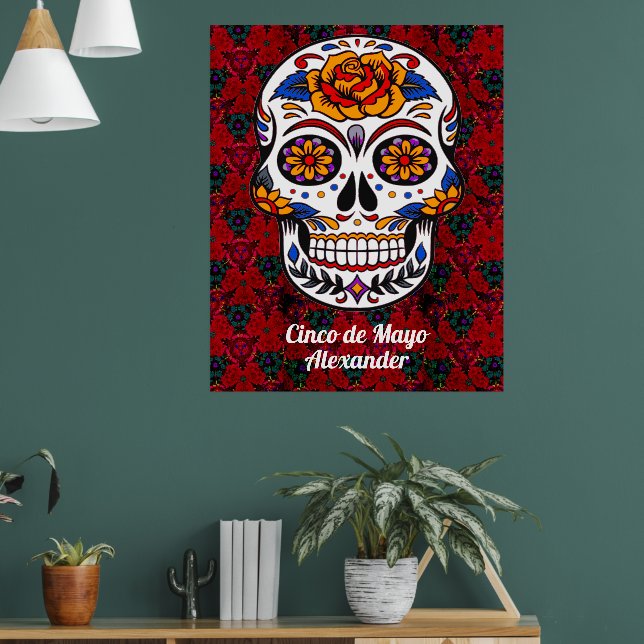 Sugar Skull Cinco de Mayo Red Floral Name Large Poster (Living Room 1)