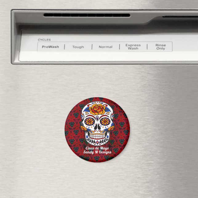 Sugar Skull Cinco de Mayo Red Floral Name Magnet (In Situ (Dishwasher))