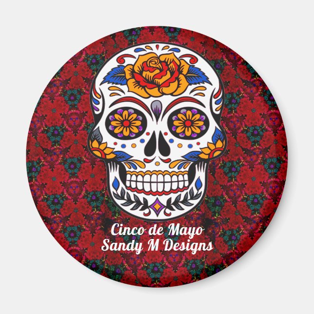 Sugar Skull Cinco de Mayo Red Floral Name Magnet (Front)