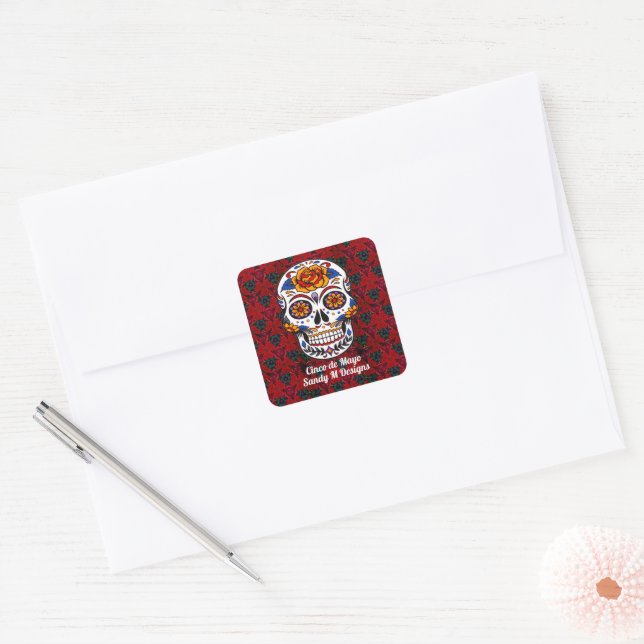 Sugar Skull Cinco de Mayo Red Floral Name Square Sticker (Envelope)