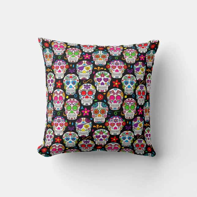 sugar skull cushion with bright colours on black (Front)