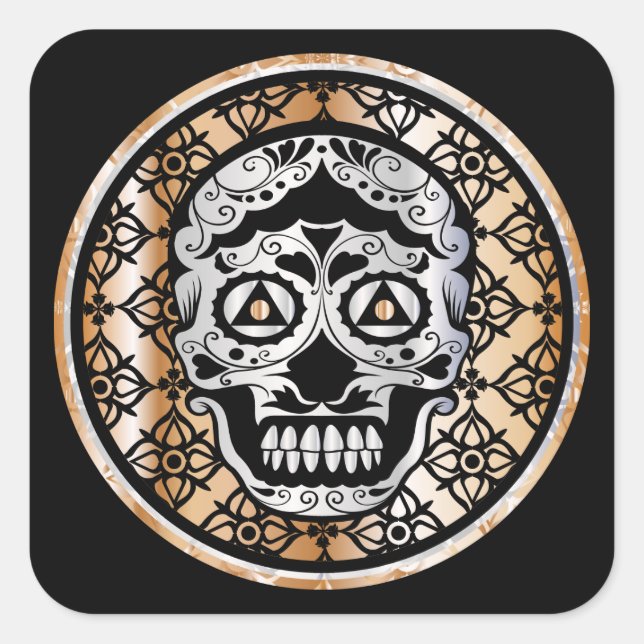 Sugar Skull Damask Metallic Silver and Copper Square Sticker (Front)