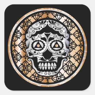 Sugar Skull Damask Metallic Silver and Copper Square Sticker