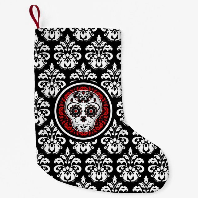 Sugar skull damask small christmas stocking (Front)