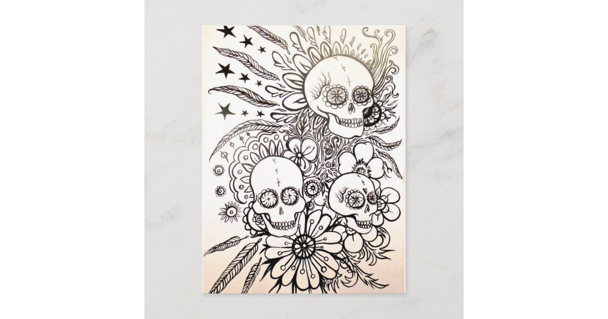 sugar skull day of dead tattoo art post card art | Zazzle