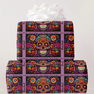 Sugar Skull Day of the Dead Birthday Add Name Wrapping Paper
