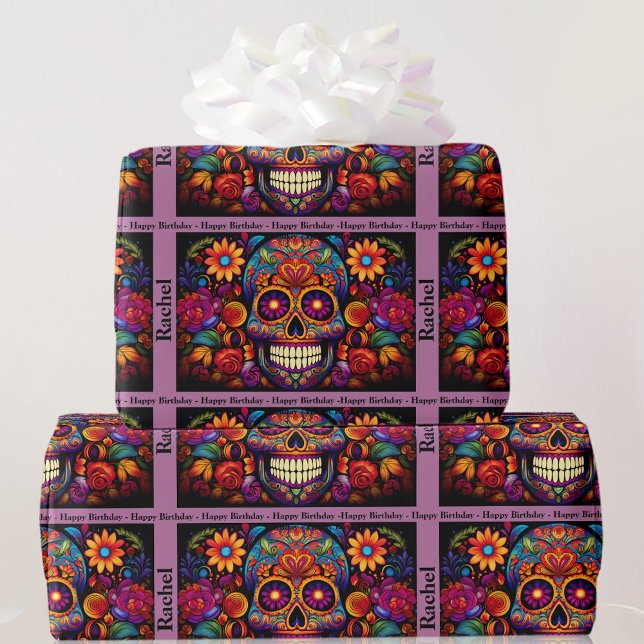 Sugar Skull Day of the Dead Birthday Add Name Wrapping Paper (Creator Uploaded)