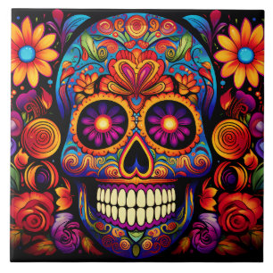 Sugar Skull Day of the Dead Colorful Trivet Tile