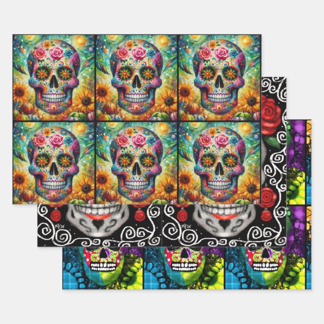 Sugar Skull Day of the Dead Decoupage Wrapping Paper Sheet (Set)