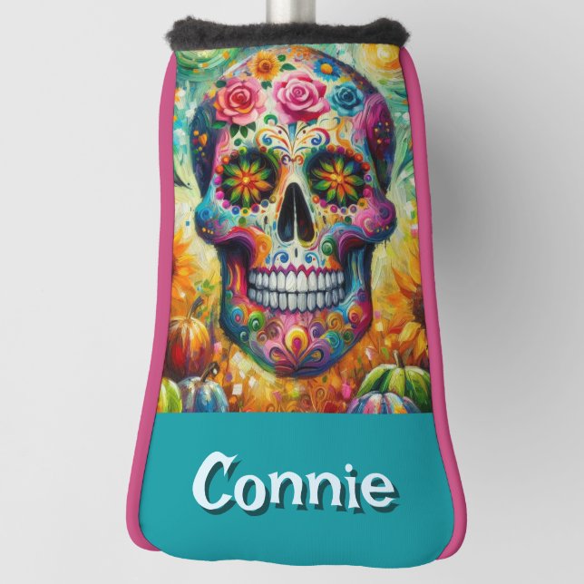Sugar Skull Day of the Dead Floral Personalised Golf Head Cover (Rotate 90)