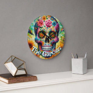 Sugar Skull Day of the Dead Floral Personalised Large Clock