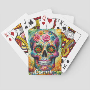 Sugar Skull Day of the Dead Floral Personalised Playing Cards