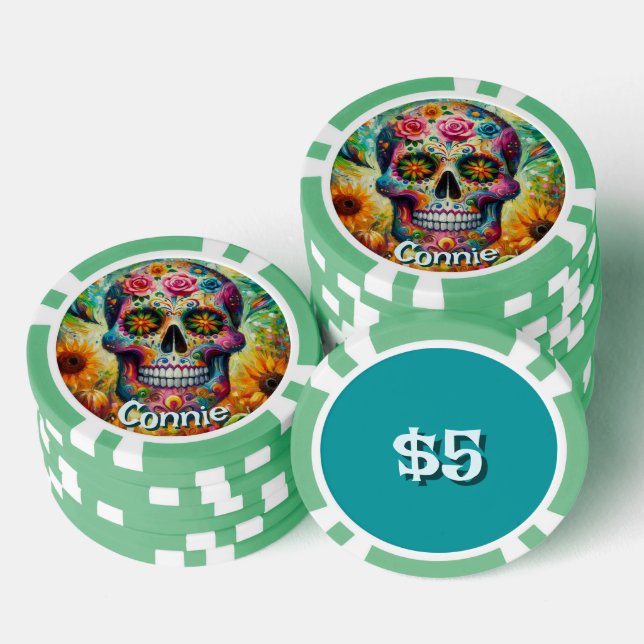 Sugar Skull Day of the Dead Floral Personalised Poker Chips (Stack)