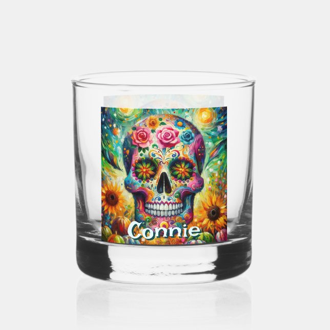 Sugar Skull Day of the Dead Floral Personalised Whiskey Glass (Front)