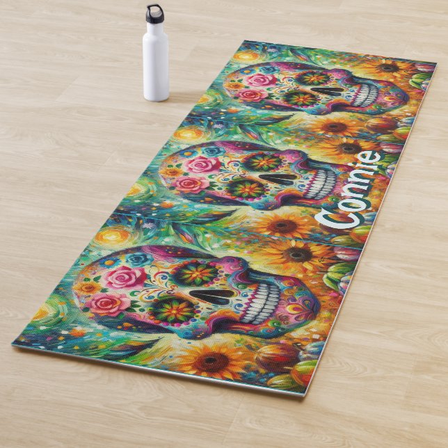 Sugar Skull Day of the Dead Floral Personalised Yoga Mat (In Situ)