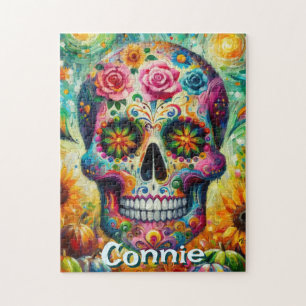 Sugar Skull Day of the Dead Floral Personalized Jigsaw Puzzle