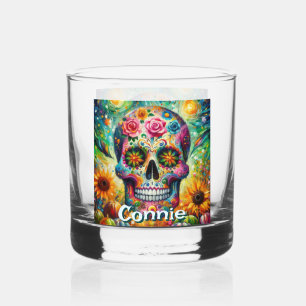 Sugar Skull Day of the Dead Floral Personalized Whiskey Glass