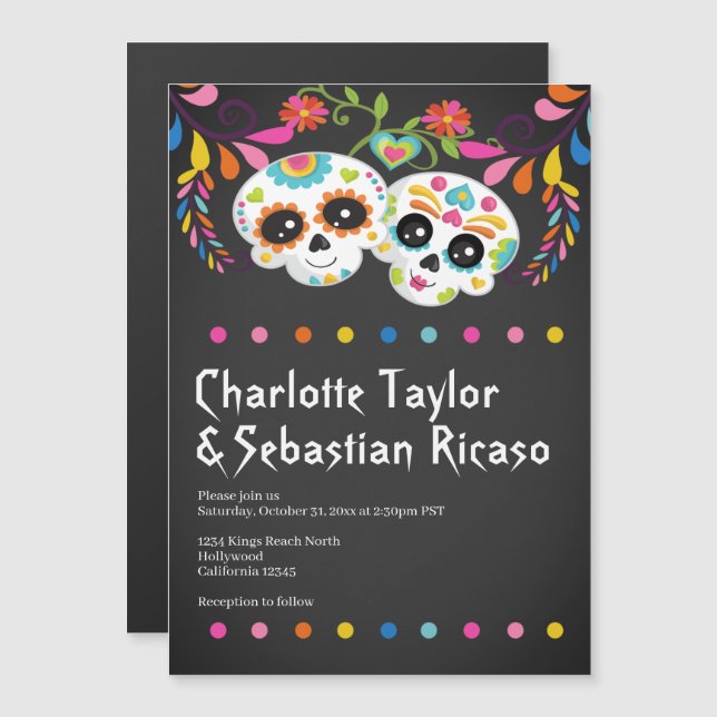 Sugar Skull Day of The Dead Fun Colourful Wedding Magnetic Invitation (Front/Back)