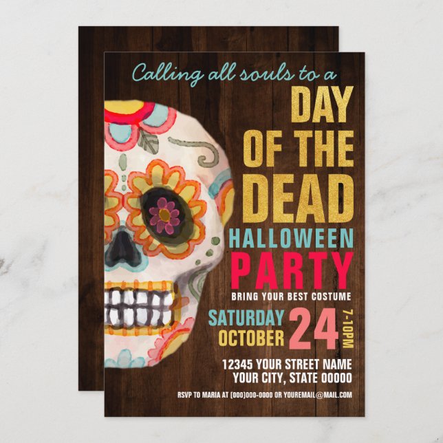 Sugar Skull Day of the Dead Halloween Party Invitation (Front/Back)