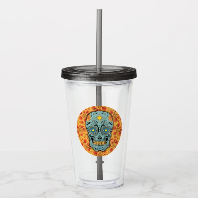 Sugar Skull - Day of the Dead (Marigold) Water Bot Acrylic Tumbler (Front)