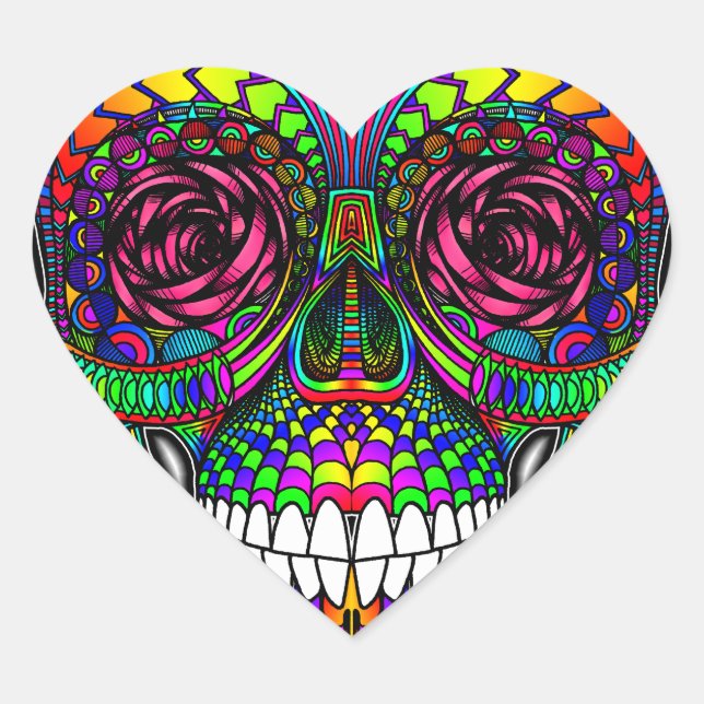 Sugar Skull Day of the Dead Rainbow Colourful Art Heart Sticker (Front)