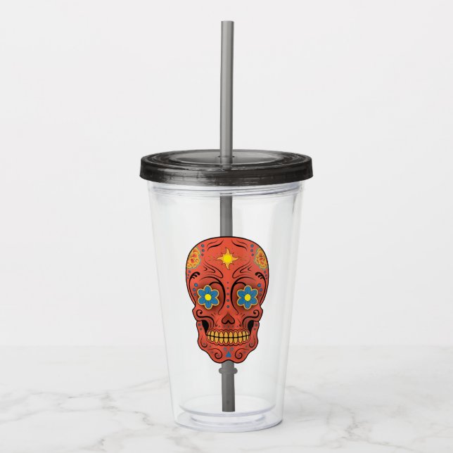 Sugar Skull (Day of the Dead) (Red) Water Bottle Acrylic Tumbler (Front)