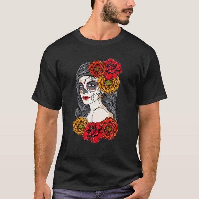 Sugar Skull Day Of The Dead Tattoo Colourful Flowe T-Shirt (Front)