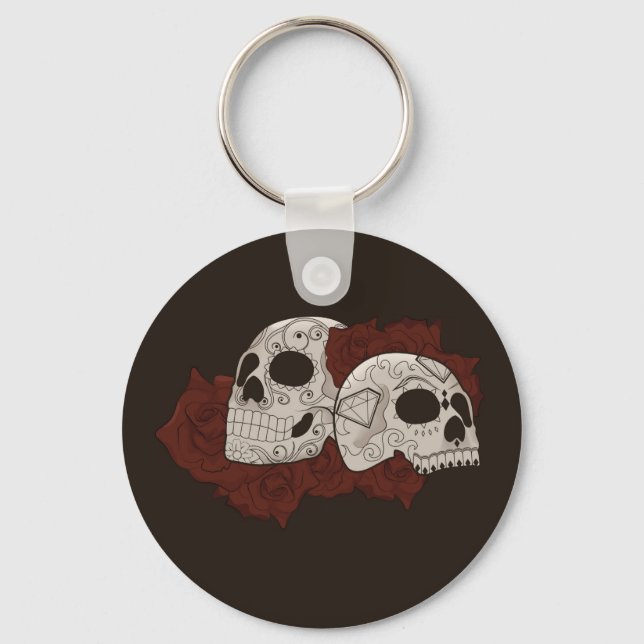 Sugar Skull Design with Roses Key Ring (Front)