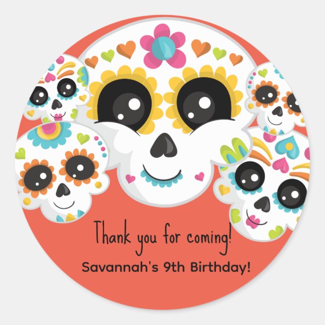 Sugar Skull Dia de La Muerte Halloween Birthday Classic Round Sticker (Front)