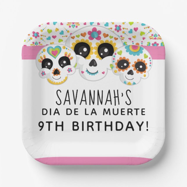 Sugar Skull Dia de La Muerte Halloween Birthday Pa Paper Plate (Front)