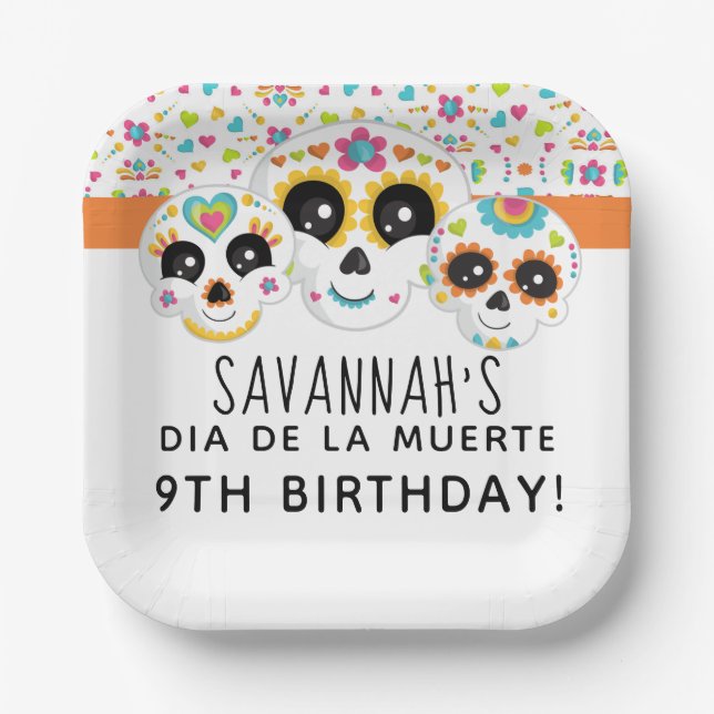 Sugar Skull Dia de La Muerte Halloween Birthday Pa Paper Plate (Front)