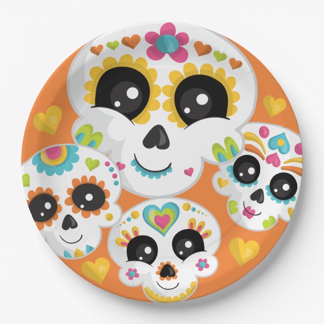 Sugar Skull Dia de La Muerte Halloween Birthday Paper Plate (Front)