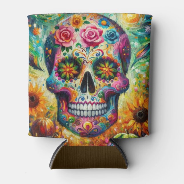 Sugar Skull Dia De Los Muertos Day of the Dead Can Cooler (Front)