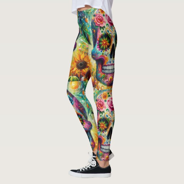 Sugar Skull Dia De Los Muertos Day of the Dead Leggings (Left)