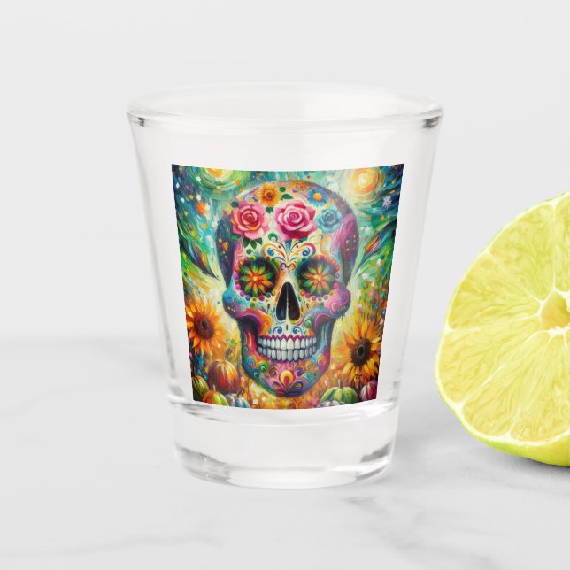 Sugar Skull Dia De Los Muertos Day of the Dead Shot Glass (Front)