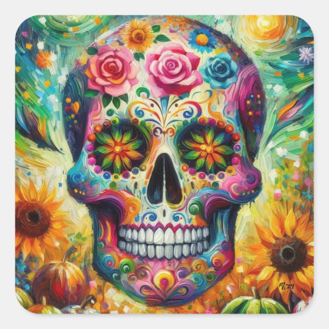 Sugar Skull Dia De Los Muertos Day of the Dead Square Sticker (Front)