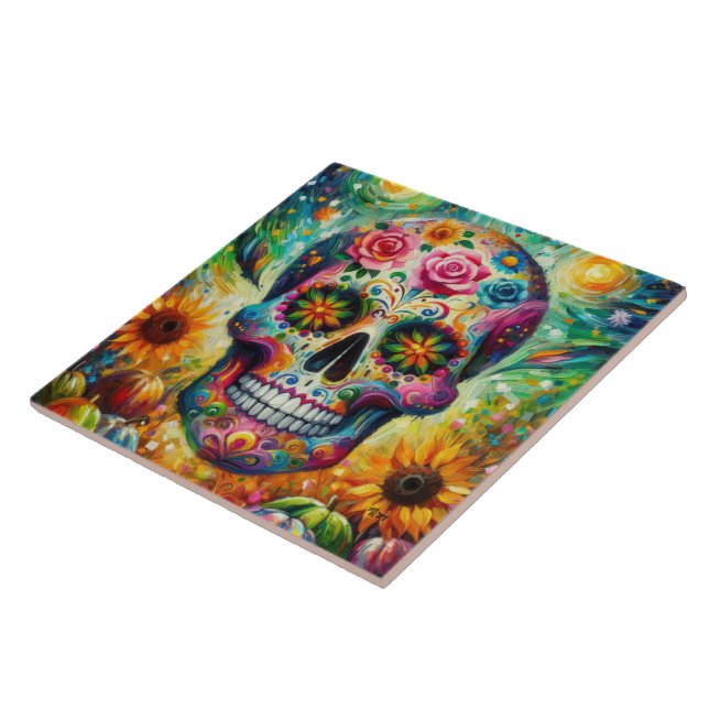 Sugar Skull Dia De Los Muertos Day of the Dead Tile (Side)