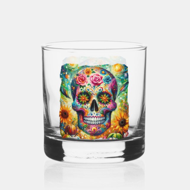 Sugar Skull Dia De Los Muertos Day of the Dead Whiskey Glass (Front)