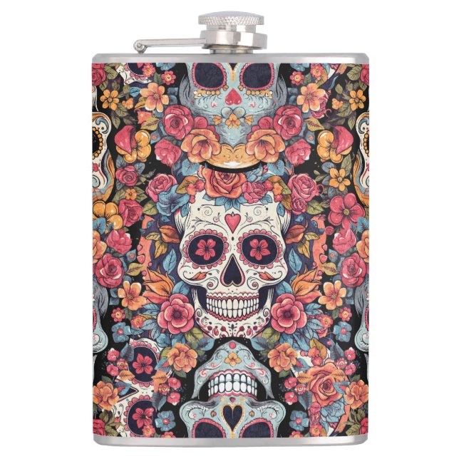 Sugar Skull Dia de Los Muertos Hip Flask (Front)