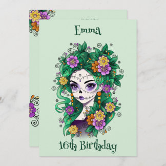 Sugar Skull Dia de los Muertos Sweet 16 Birthday Invitation