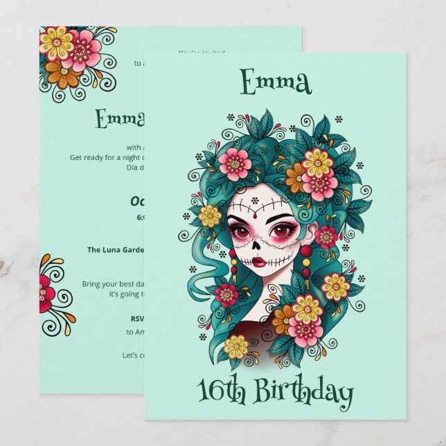 Sugar Skull Dia de los Muertos Sweet 16 Birthday  Invitation (Front/Back)