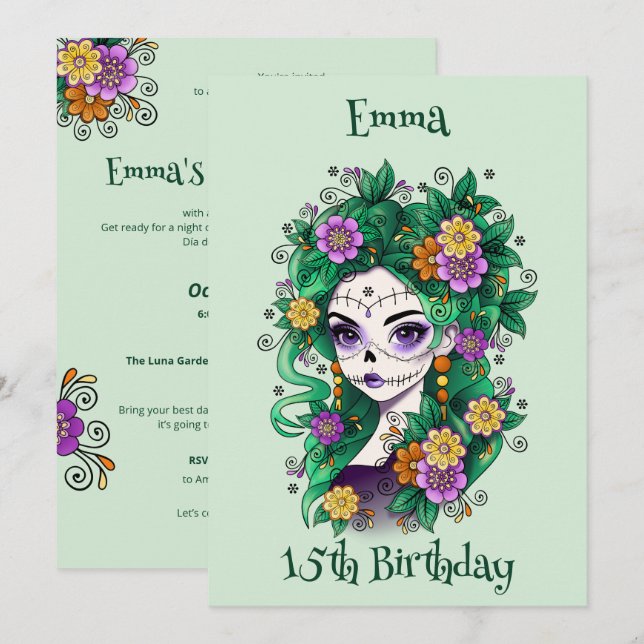 Sugar Skull Dia de Muertos Quinceañera Birthday  Invitation (Front/Back)