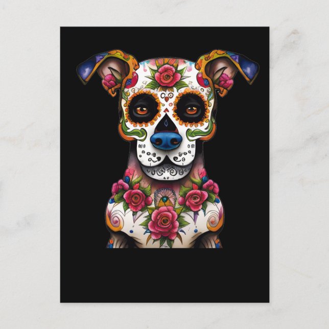 Sugar Skull Dog with a Collar of Roses Postcard (Front)